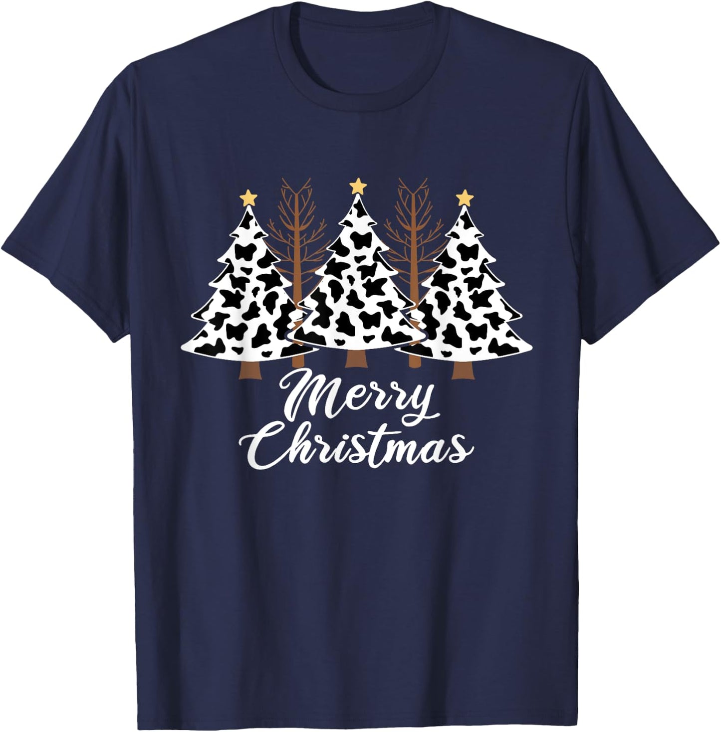 Merry Christmas Tree Cow Print Xmas T-Shirt - T-Shirt | Navy