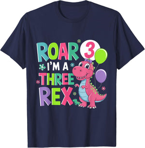 Roar I'm A Three Rex Birthday Girl 3 Year Old Cute Dinosaur T-Shirt - T-Shirt | Navy