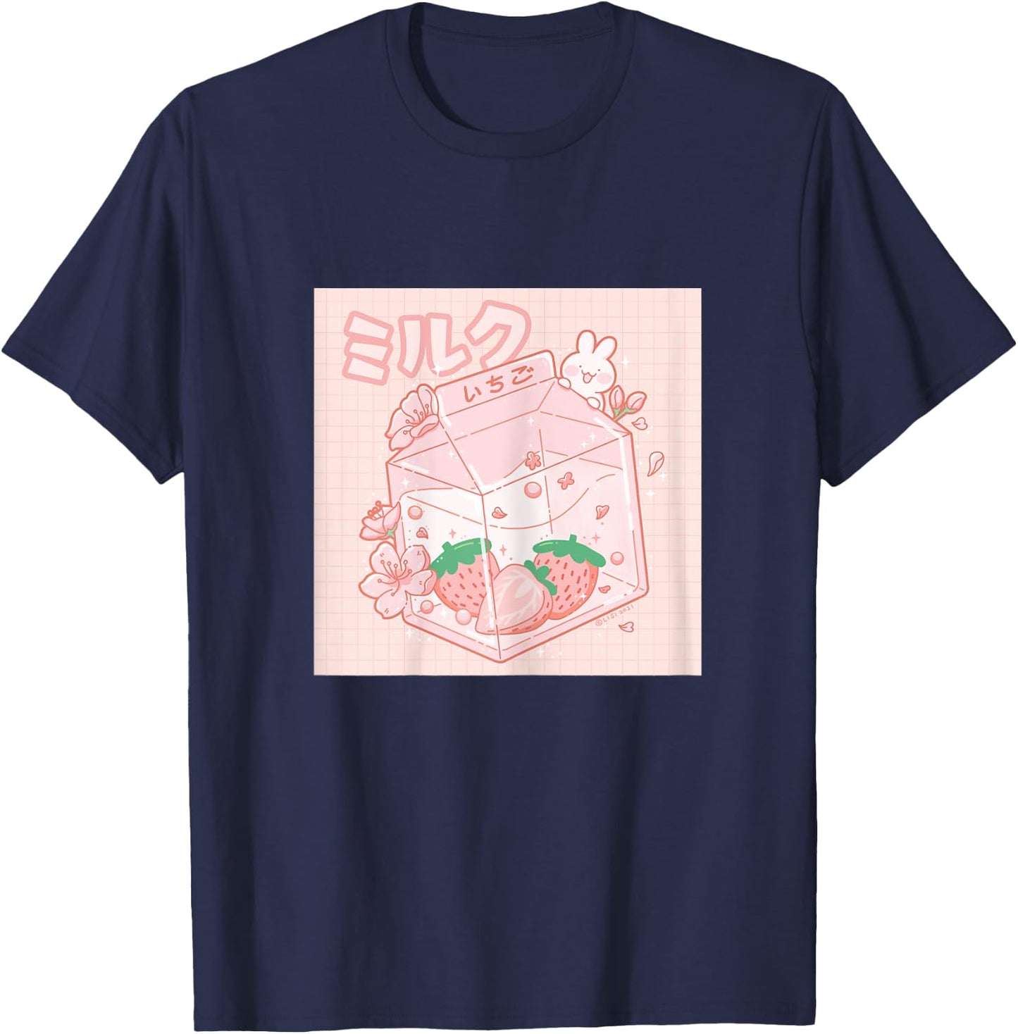 Strawberry Milk Bunny Japanese Kawaii Anime Aesthetic T-Shirt - T-Shirt | Navy
