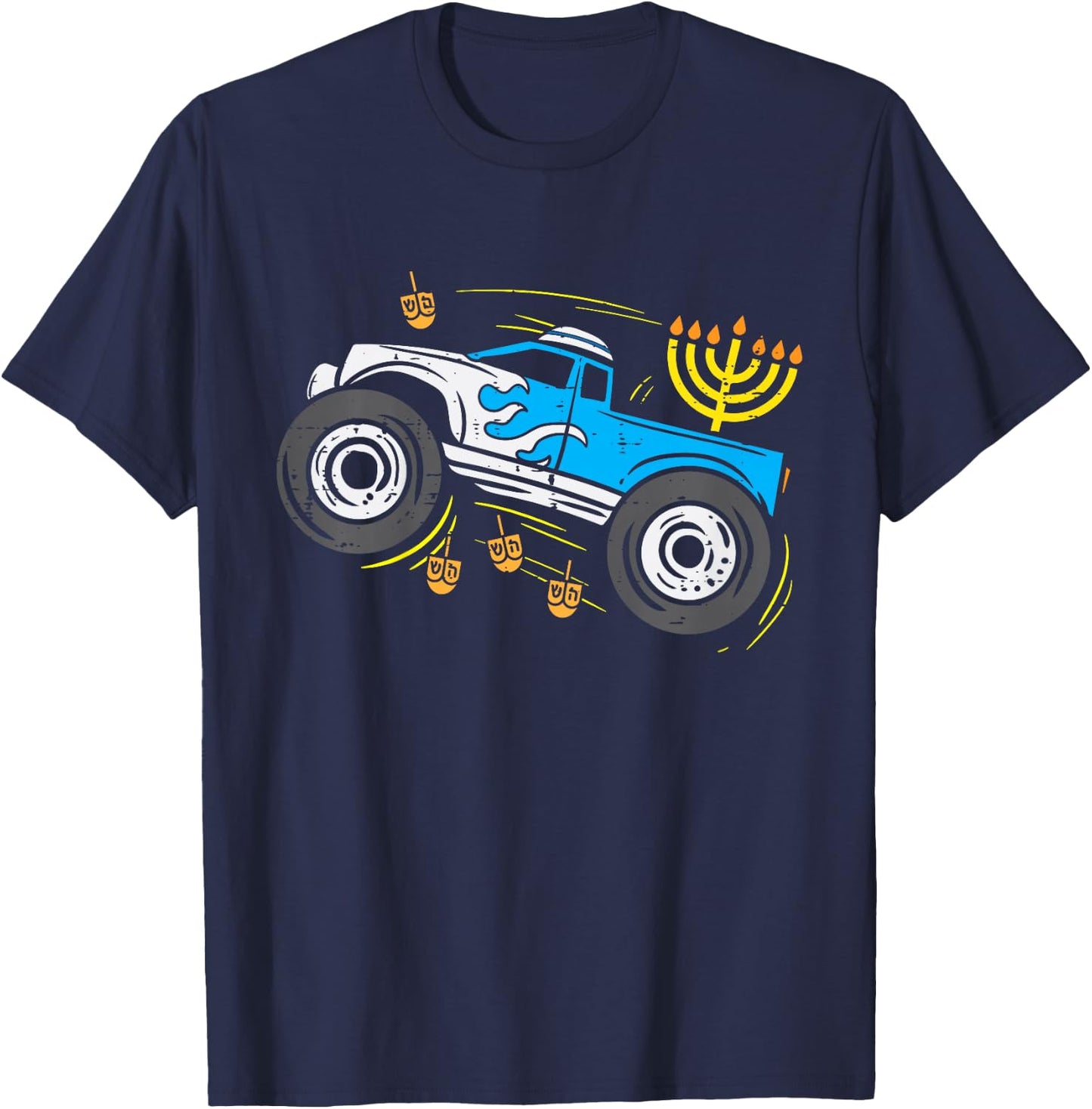Kids Monster Truck Menorah Dreidel Toddler Boys Hanukkah Kids T-Shirt - T-Shirt | Navy