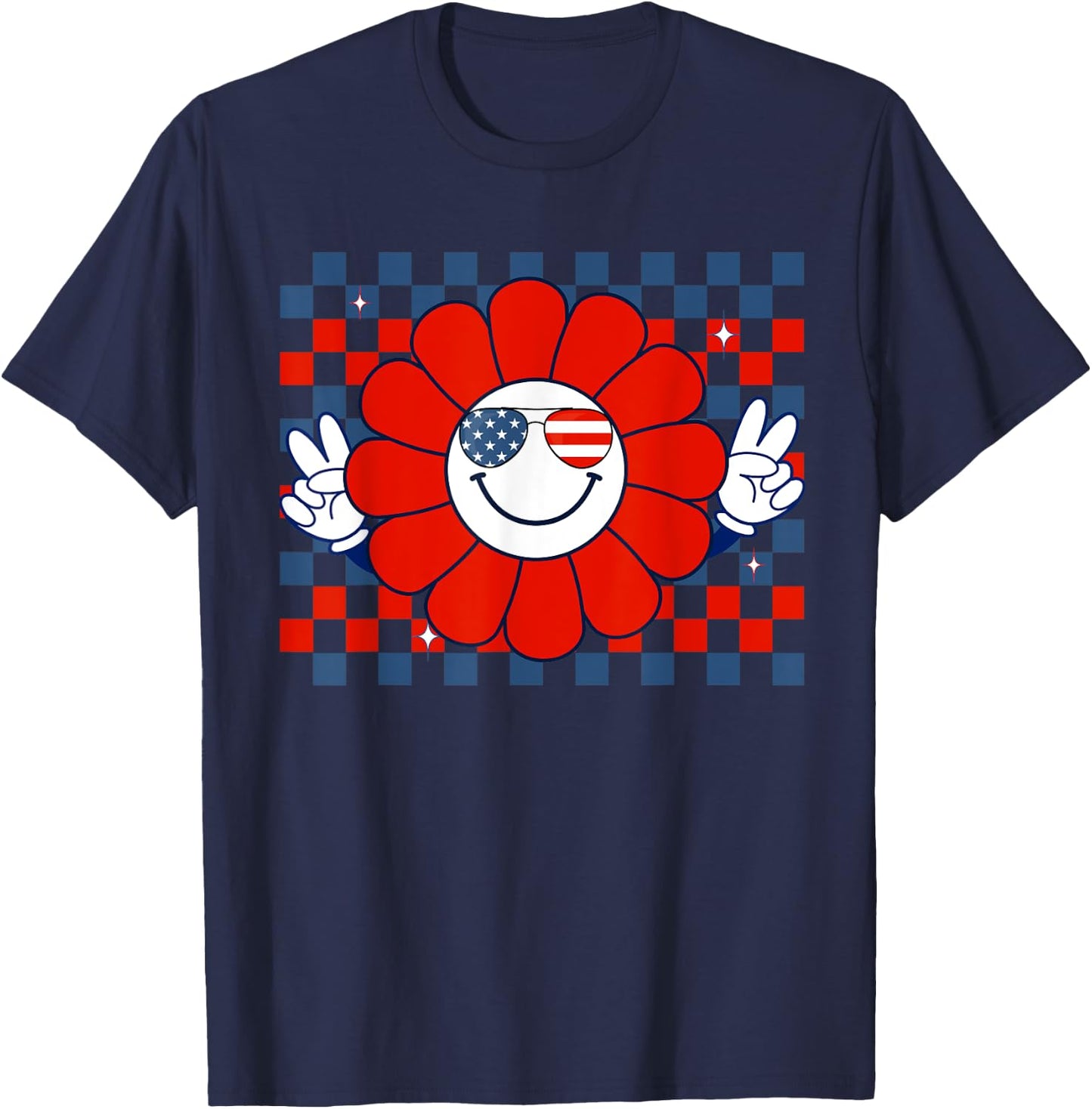 Retro Groovy Fourth 4th of July Smile Checkered Sunglasses T-Shirt - T-Shirt | Navy