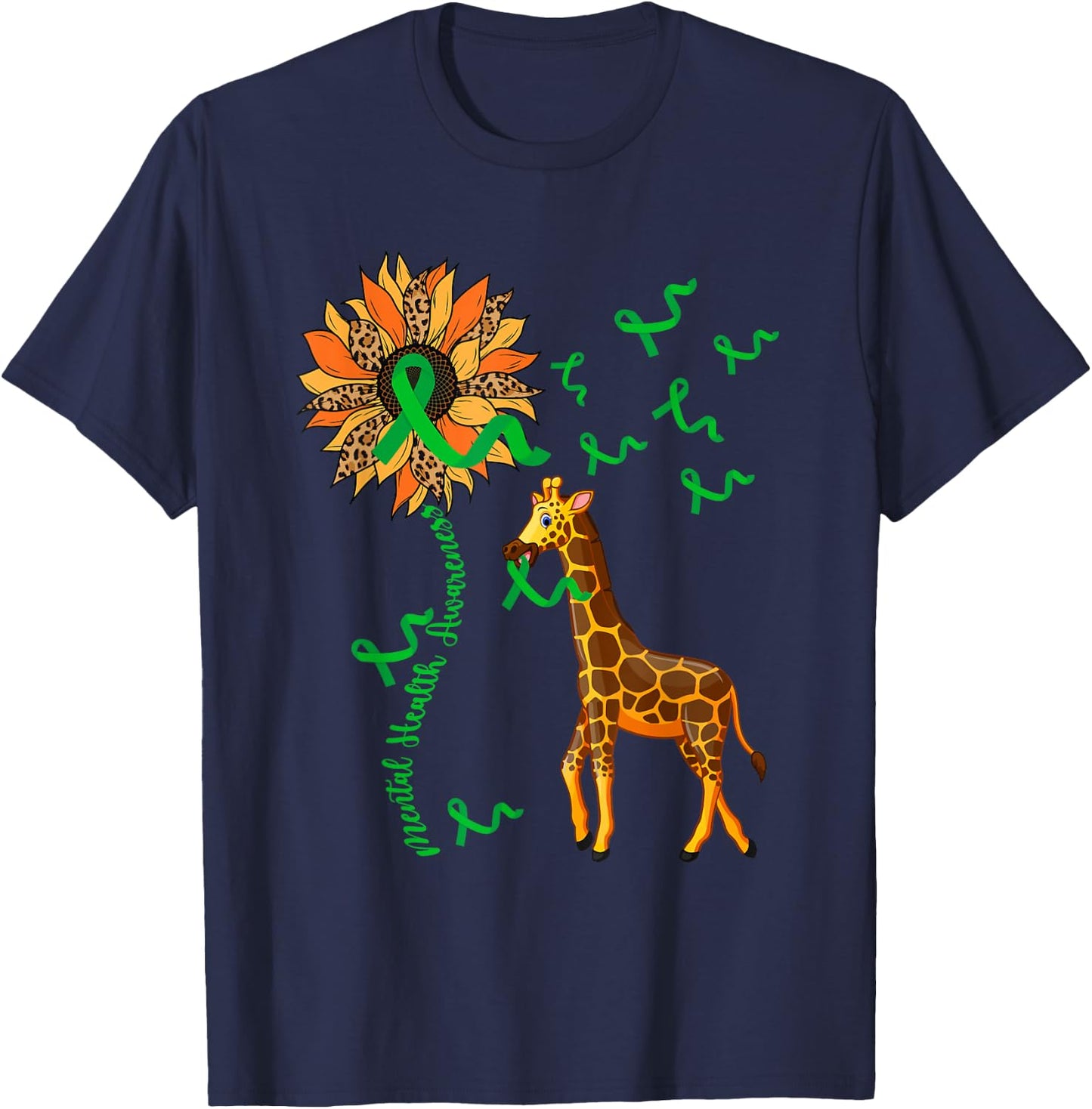 Mental Health Awareness Giraffe Holding Green Ribbons Lover T-Shirt - T-Shirt | Navy