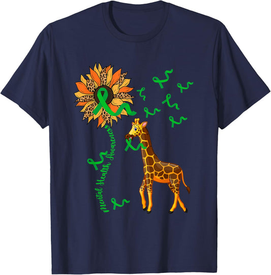 Mental Health Awareness Giraffe Holding Green Ribbons Lover T-Shirt - T-Shirt | Navy
