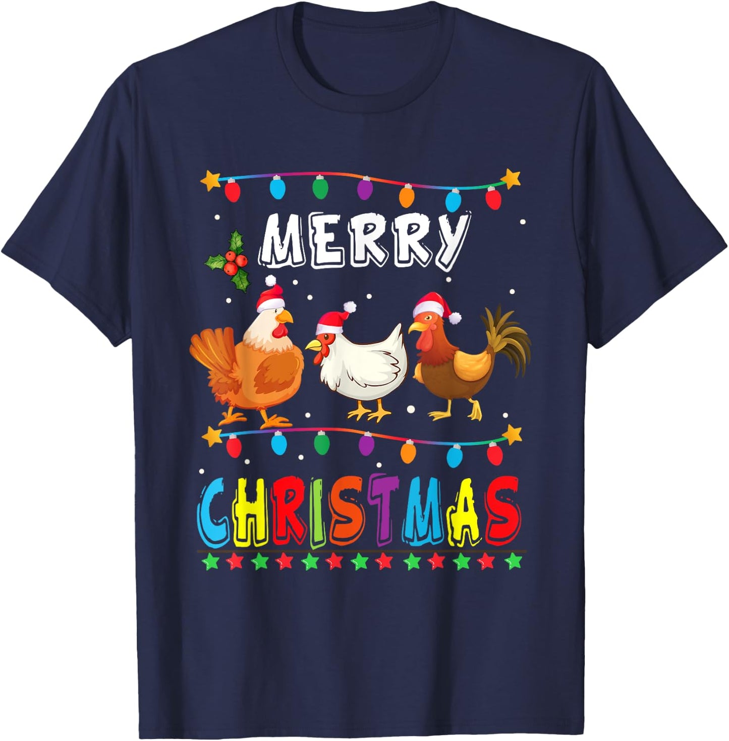 Merry Christmas Chicken Shirt Santa Hat Lights Xmas Funny T-Shirt - T-Shirt | Navy