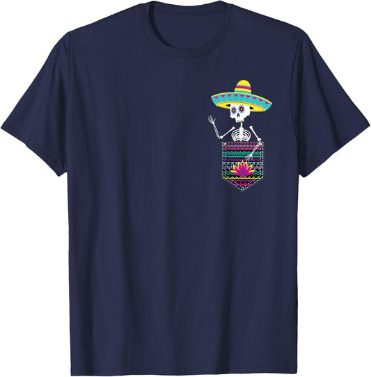 Let's Fiesta Skeleton Pocket Dia de Muertos Mexican Party T-Shirt - T-Shirt | Navy
