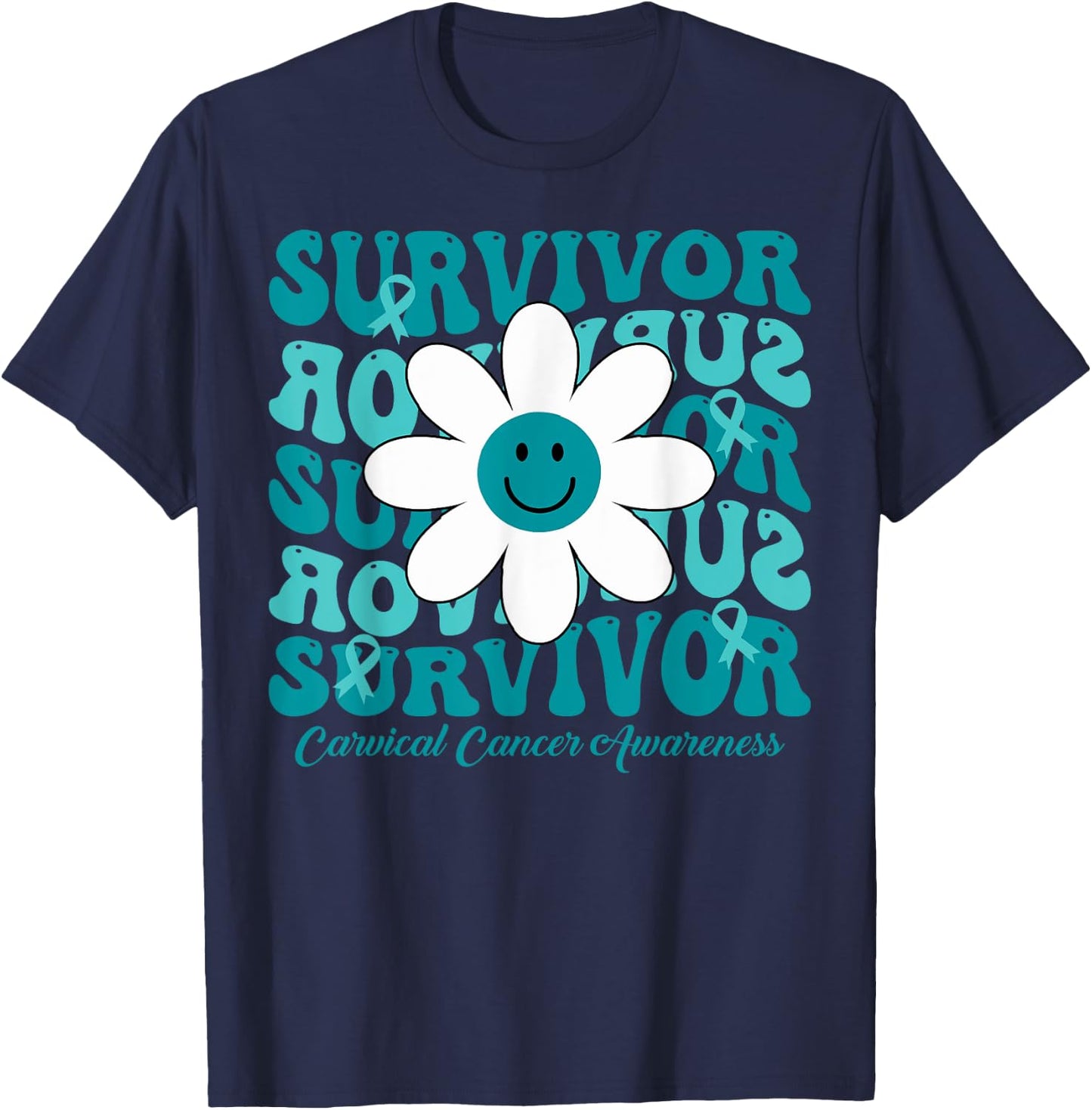 Groovy Flower Survivor Cervical Cancer Awareness T-Shirt - T-Shirt | Navy