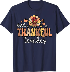 One Thankful Teacher Retro Groovy Turkey Thanksgiving School Women T-Shirt - T-Shirt | Navy