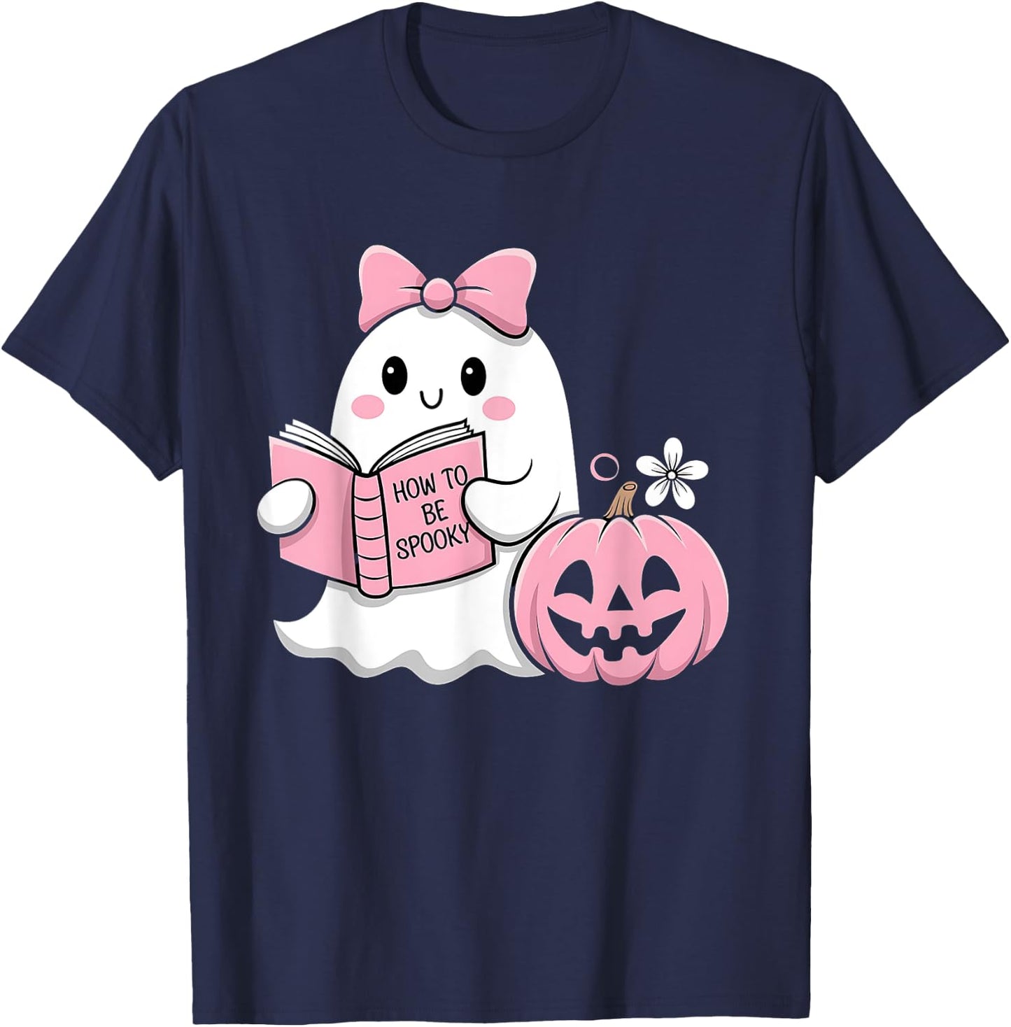 Cute Halloween Ghost Pink Pumpkin Reading How to Be Spooky T-Shirt - T-Shirt | Navy