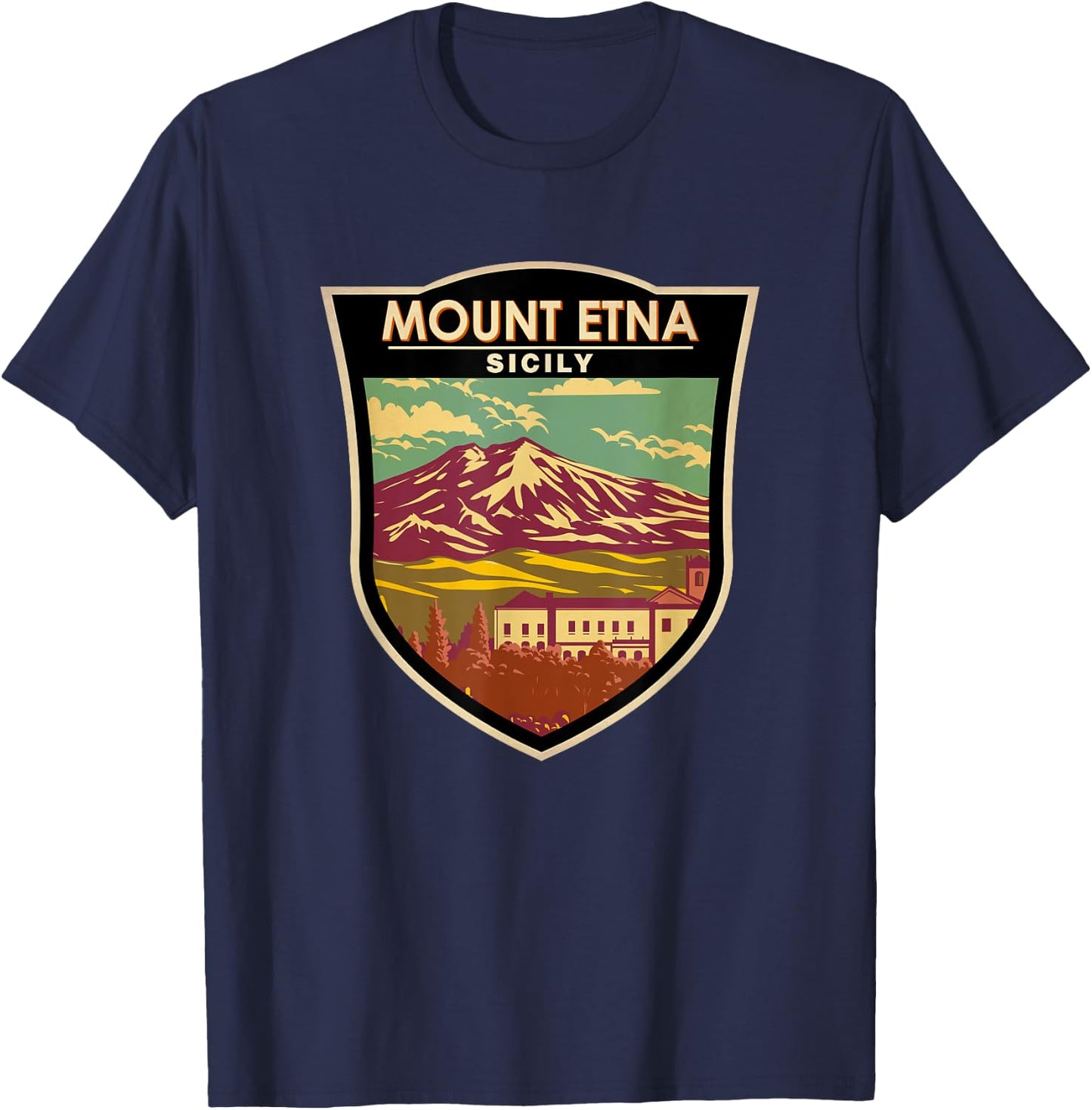 Mount Etna Sicily Landmark Badge Vintage T-Shirt - T-Shirt | Navy
