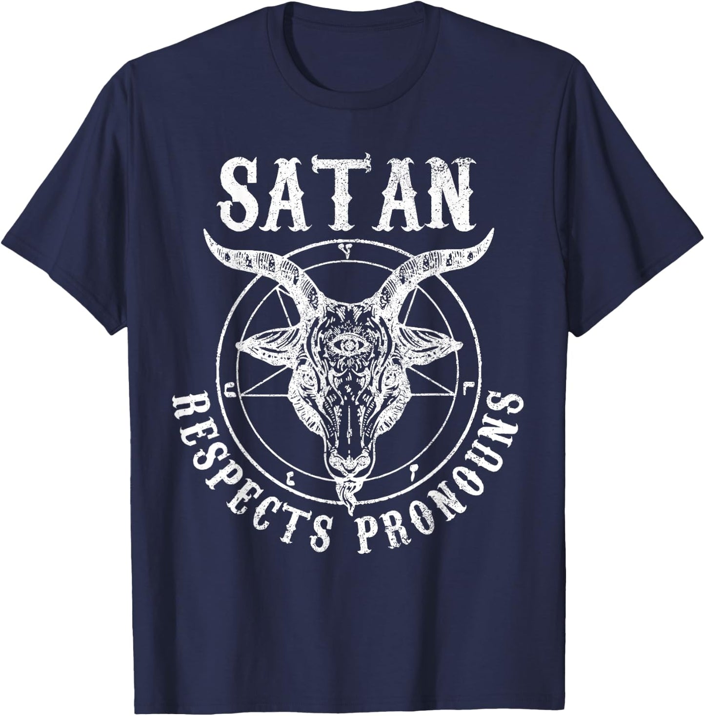 Satan Respects Pronouns Satanic Pride Month LGBTQ Baphomet T-Shirt - T-Shirt | Navy