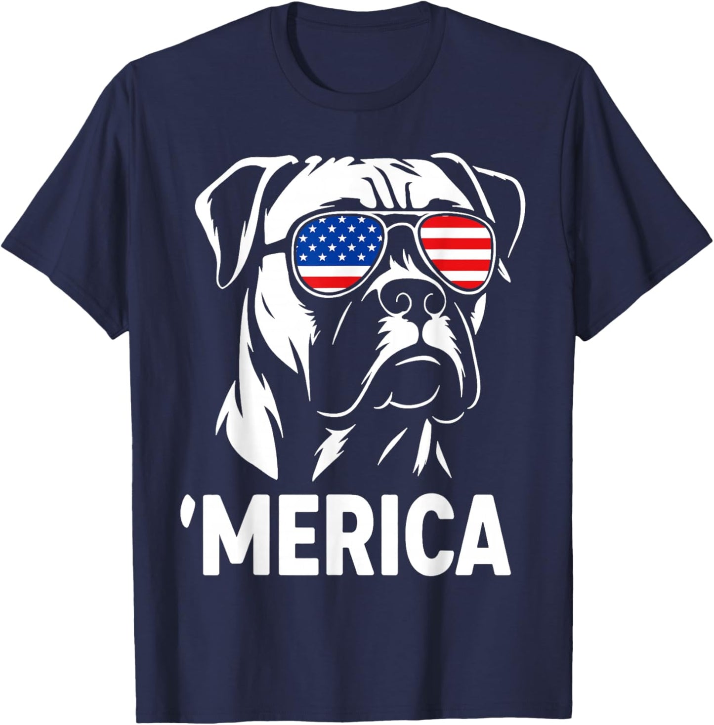 Merica Boxer Dog American Flag Sunglasses Patriotic T-Shirt - T-Shirt | Navy