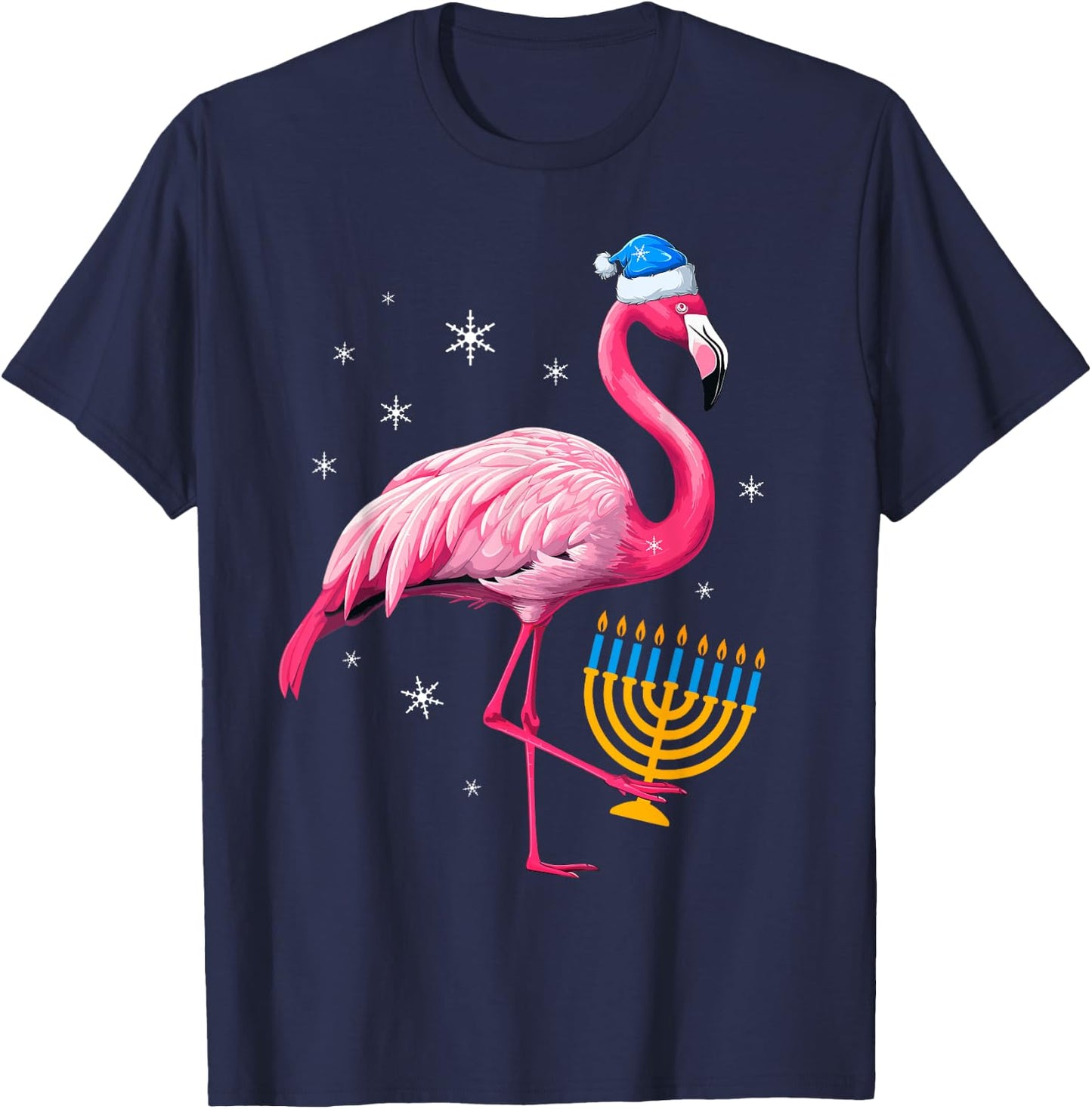 Jewish Santa Pink Flamingo Menorah Hanukkah Merry Christmas T-Shirt - T-Shirt | Navy