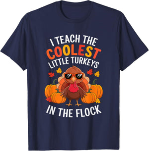 I Teach Coolest Turkeys In The Flock Teachers Thanksgiving T-Shirt - T-Shirt | Navy