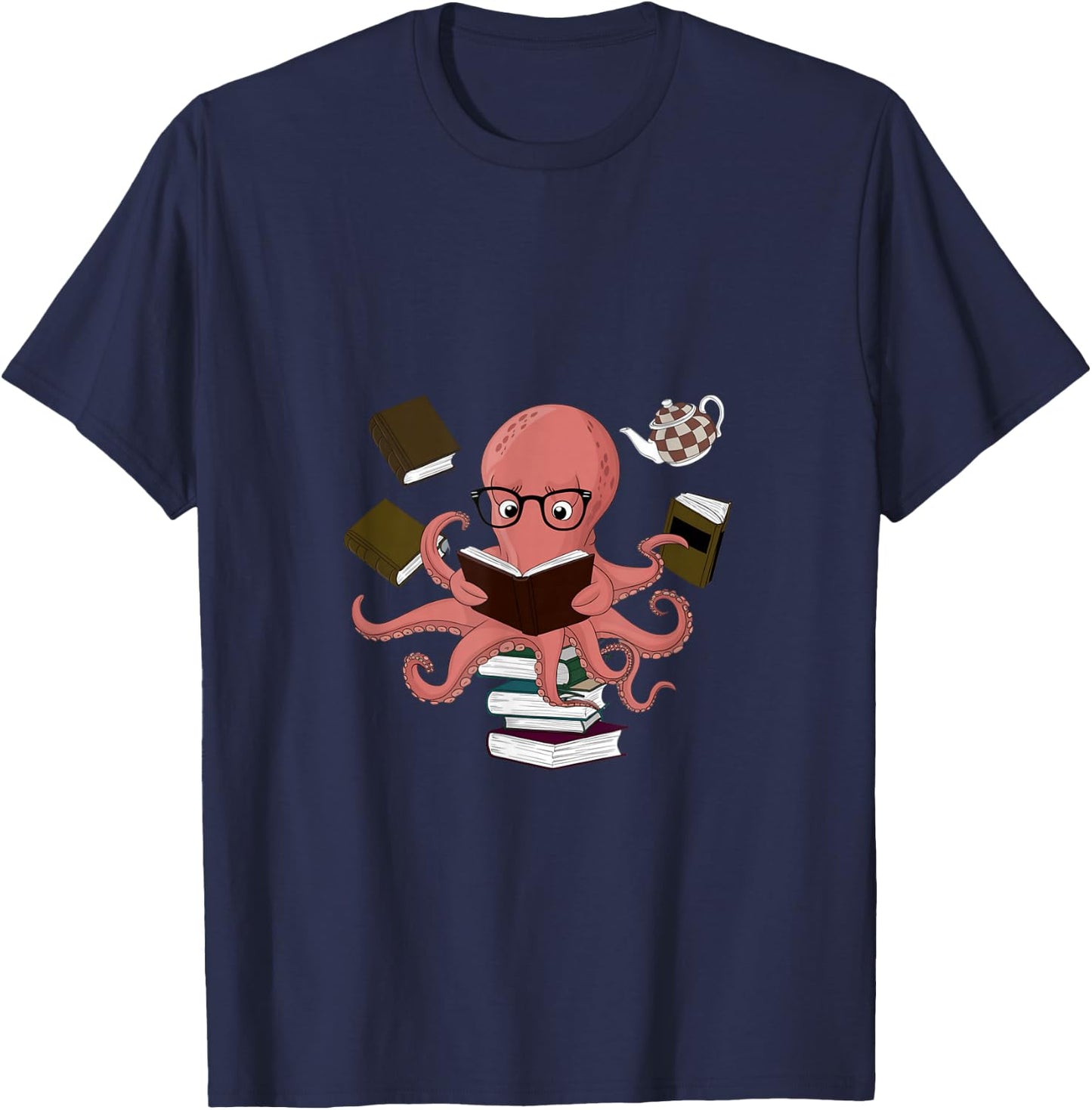 Octopus Holding Books Teacher Book Lover Reading T-Shirt - T-Shirt | Navy