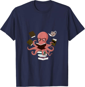 Octopus Holding Books Teacher Book Lover Reading T-Shirt - T-Shirt | Navy