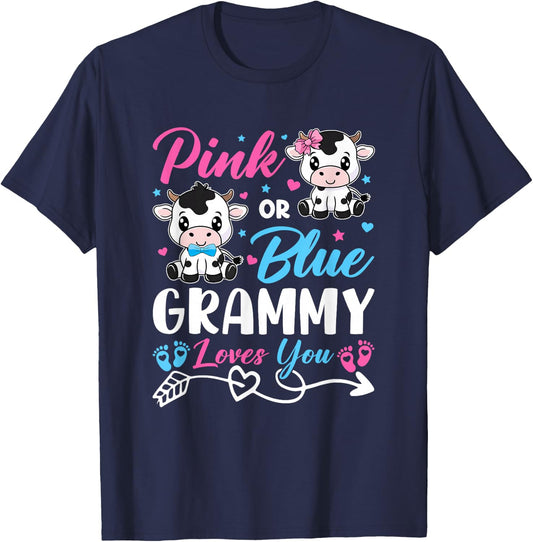 Pink Or Blue Grammy Loves You Cow Baby Gender Reveal Baby T-Shirt - T-Shirt | Navy