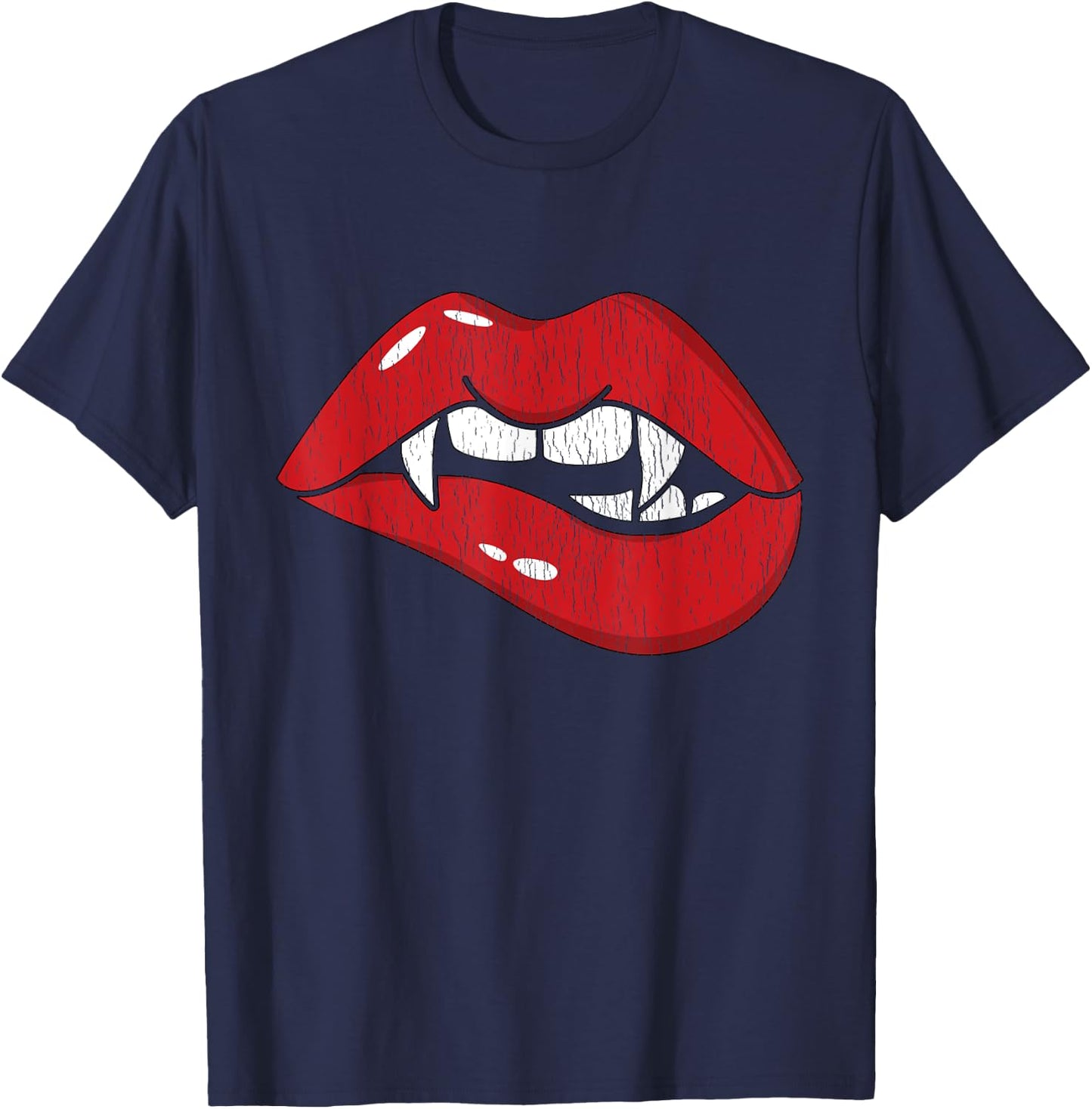 Retro Dracula Vampire Red Lips Teeth Bite Halloween Costume T-Shirt - T-Shirt | Navy