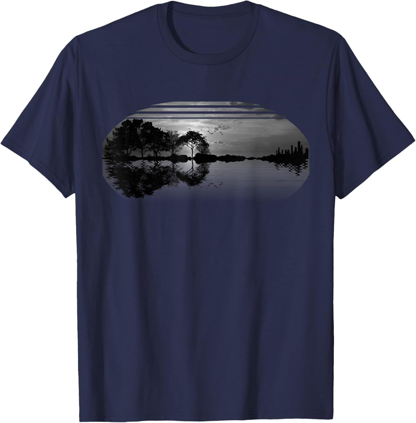 Guitar Gray Sky Trees City Lake Reflection Special Design T-Shirt - T-Shirt | Navy