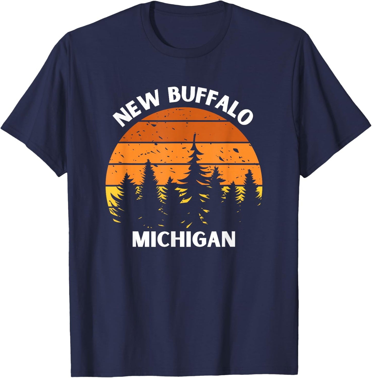 New Buffalo Michigan Retro Forest Sunset Up North Michigan T-Shirt - T-Shirt | Navy