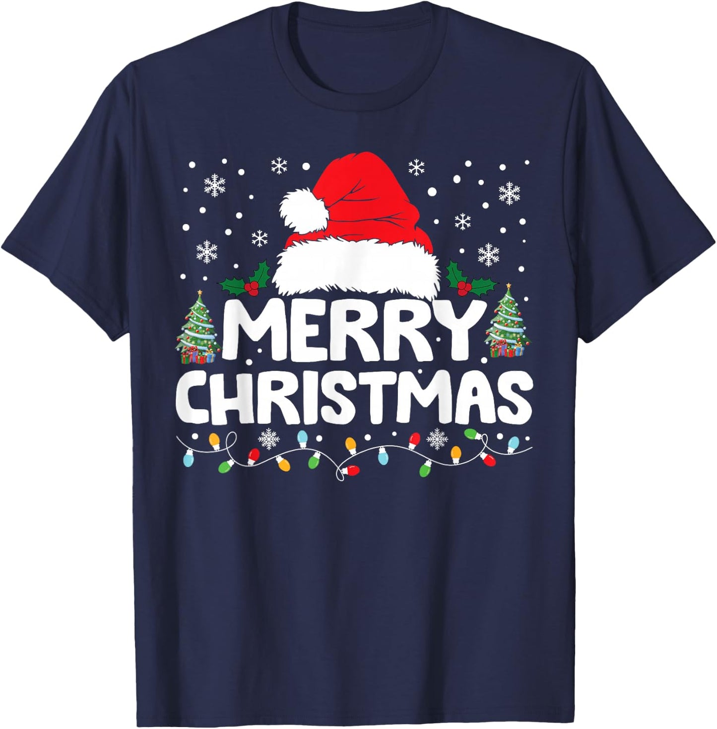 Merry Christmas Lights Red Santa Hat Xmas Family Men Women T-Shirt - T-Shirt | Navy