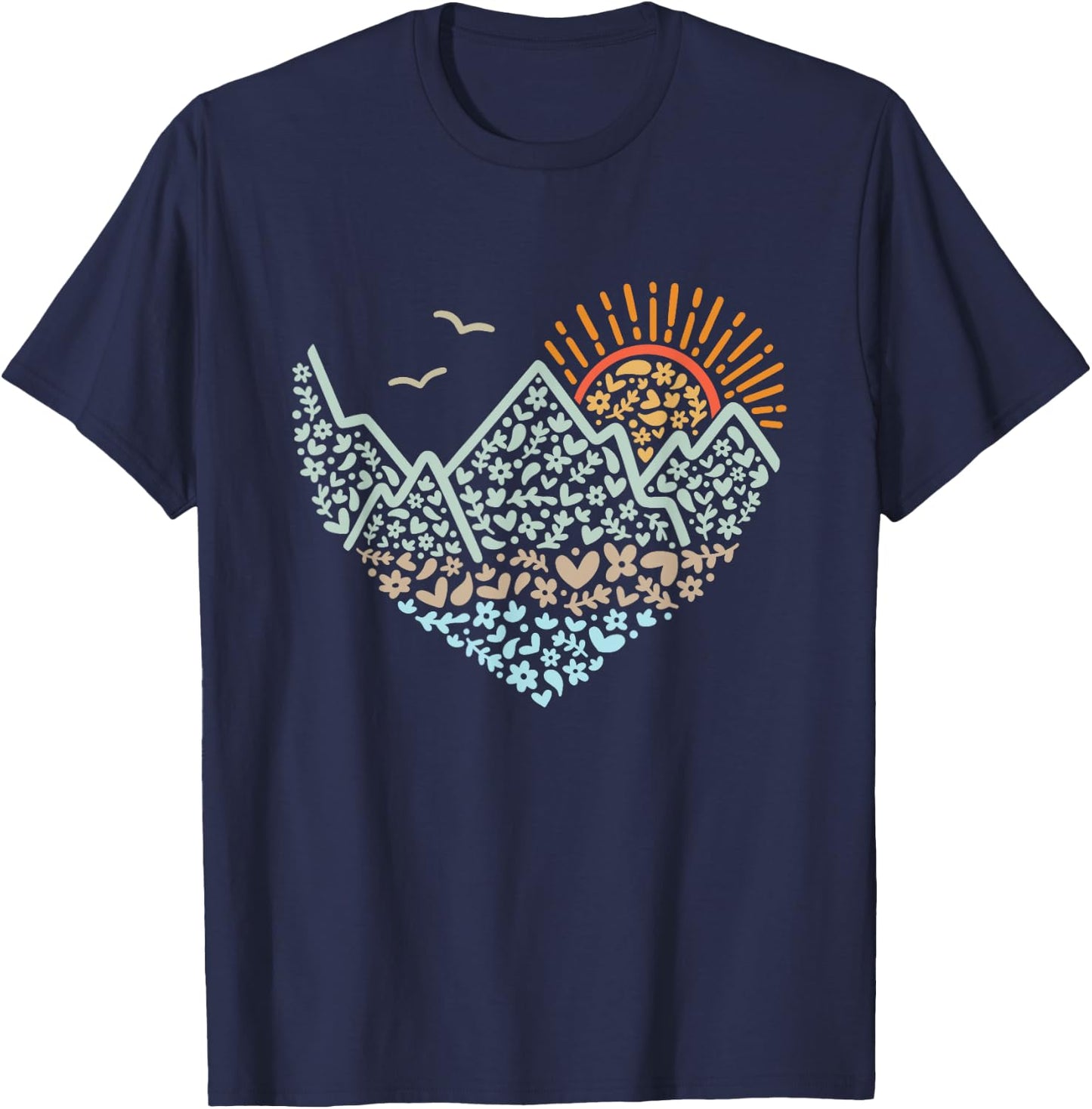 Mountain Heart Floral Sunshine hiking scene design T-Shirt - T-Shirt | Navy