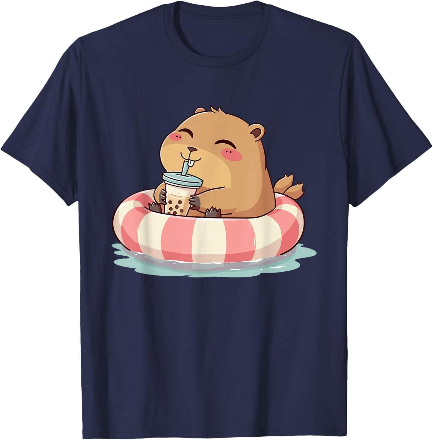 Capybara On Pool Float Drinking Boba Tea Women Girls Kids T-Shirt - T-Shirt | Navy