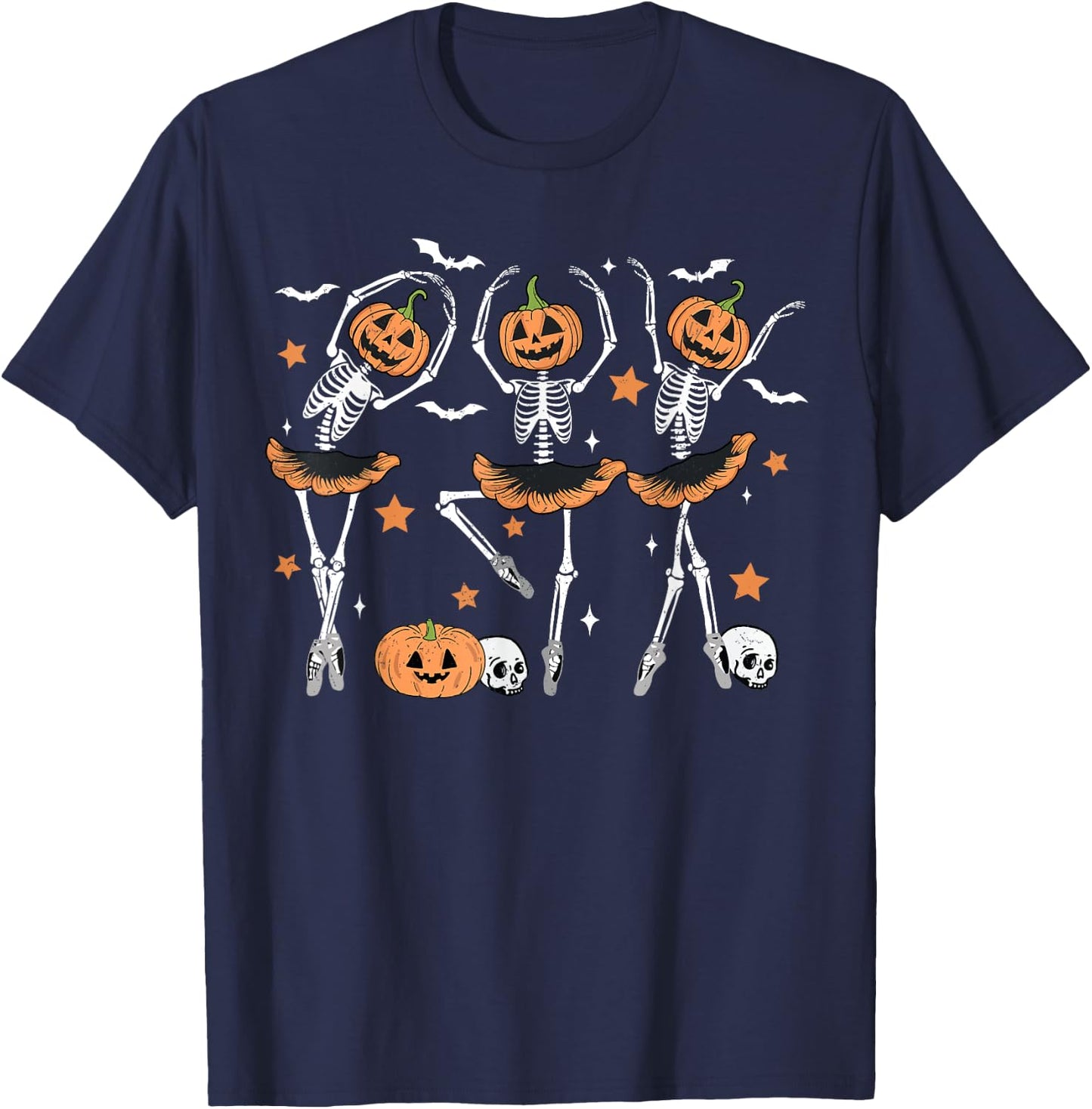 Ballet Pumpkin Skeleton Scary Halloween Men Women Boys Girl T-Shirt - T-Shirt | Navy