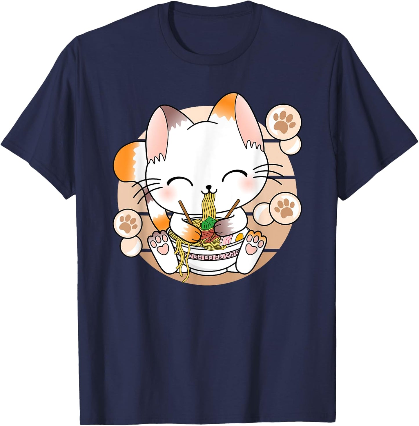 Funny Japanese Anime Cat Ramen Noodles Kawaii Manga , black T-Shirt - T-Shirt | Navy