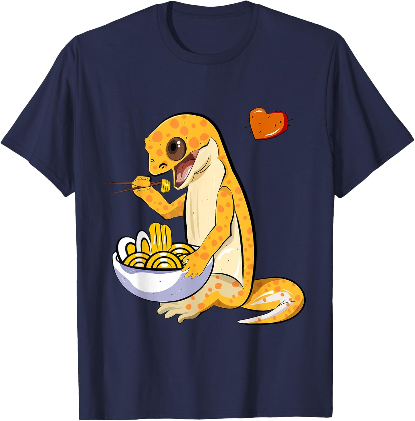 Cute Leopard Gecko Eating Ramen Noodles Illustration T-Shirt - T-Shirt | Navy