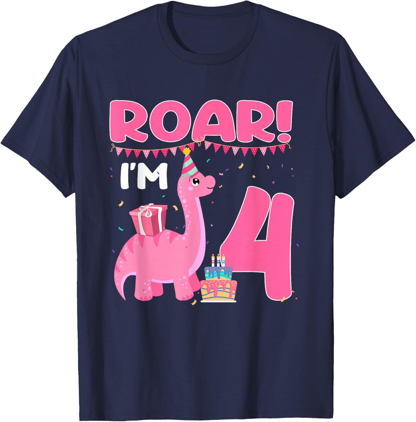Roar I'm 4 Year Old Dinosaur Girl 4th Birthday Party T-Shirt - T-Shirt | Navy