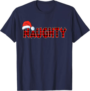 Naughty or Nice Christmas Couple Buffalo Red Plaid T-Shirt - T-Shirt | Navy
