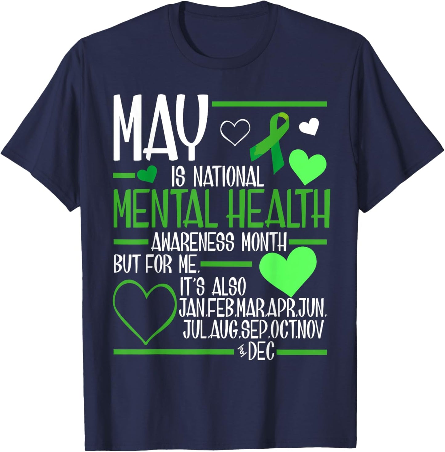 In May We Wear Green Mental Health Awareness Month Ribbon T-Shirt - T-Shirt | Navy