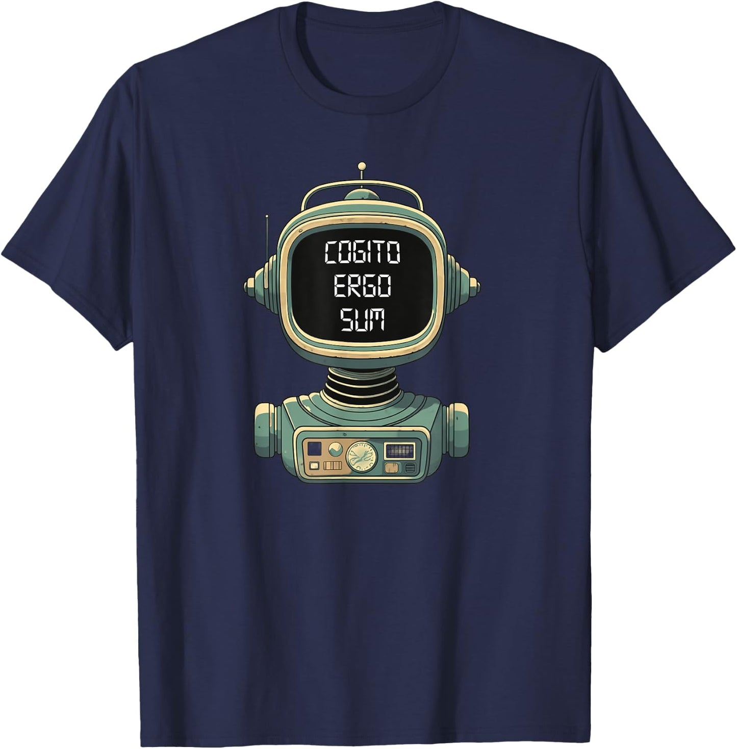 Retro Robot with Existential Message - Cogito Ergo Sum T-Shirt - T-Shirt | Navy