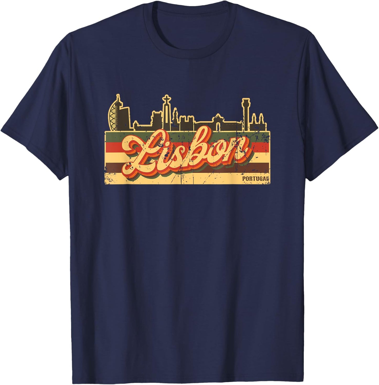 Lisbon Skyline & Portugal Retro Stripes - Portuguese Pride T-Shirt - T-Shirt | Navy