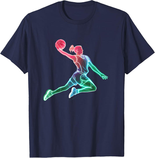 Basketball Dunk Girl Bright Basketball , Black, S T-Shirt - T-Shirt | Navy