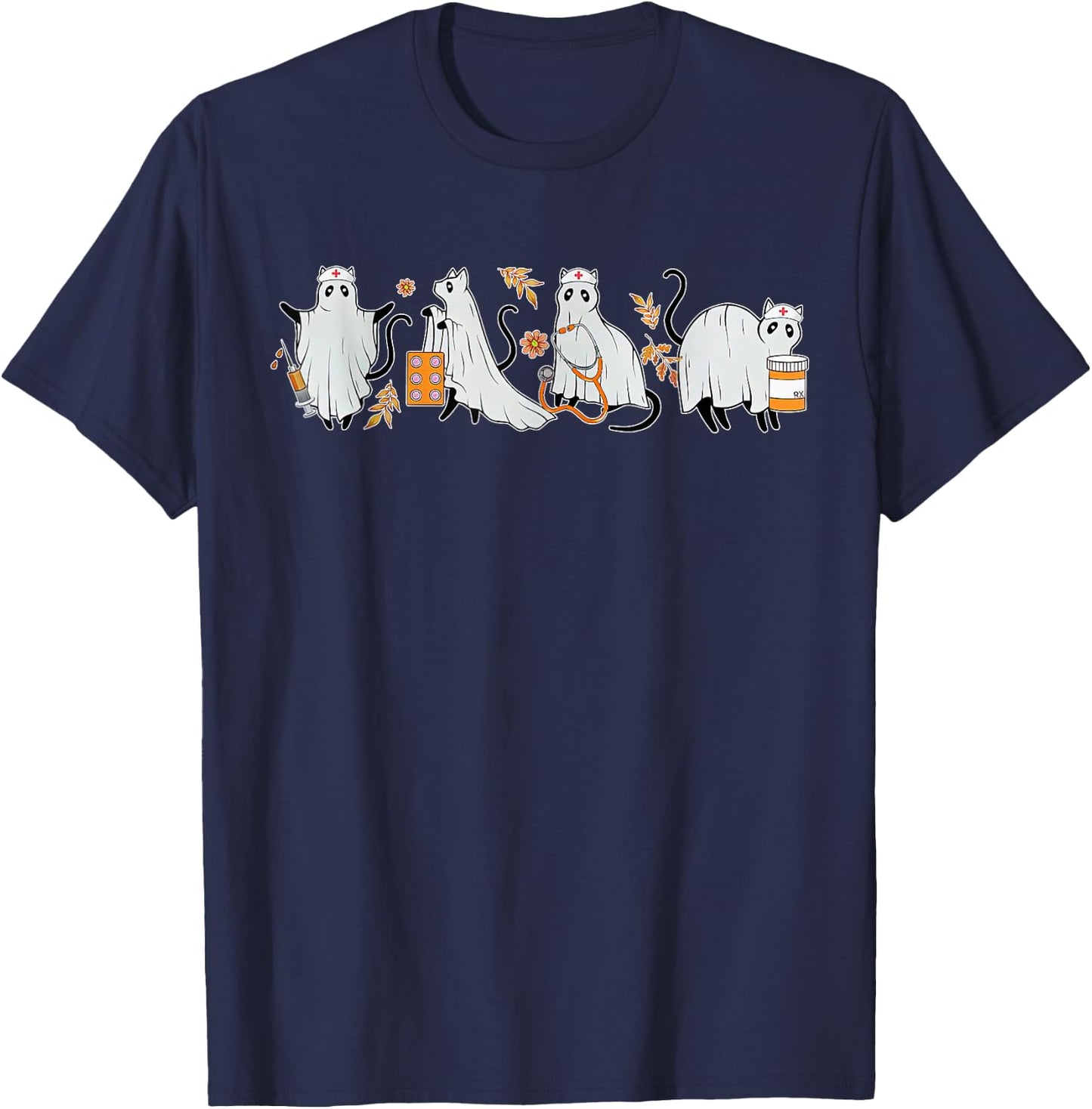 Ghost Cat Nurse ICU RN Pharmacy Tech Fall Halloween Costume T-Shirt - T-Shirt | Navy