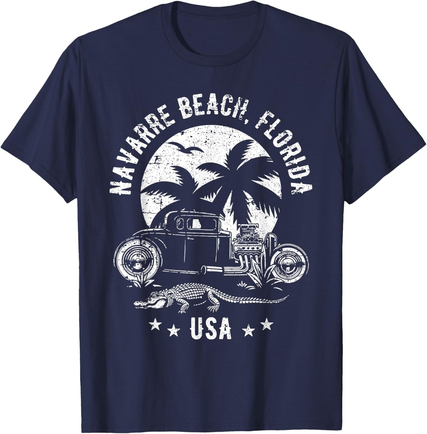 Navarre Beach Florida Sunset Hotrod Distressed Design T-Shirt - T-Shirt | Navy
