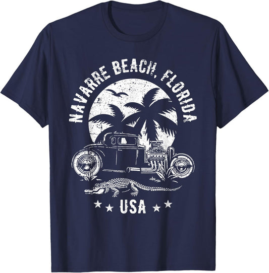 Navarre Beach Florida Sunset Hotrod Distressed Design T-Shirt - T-Shirt | Navy