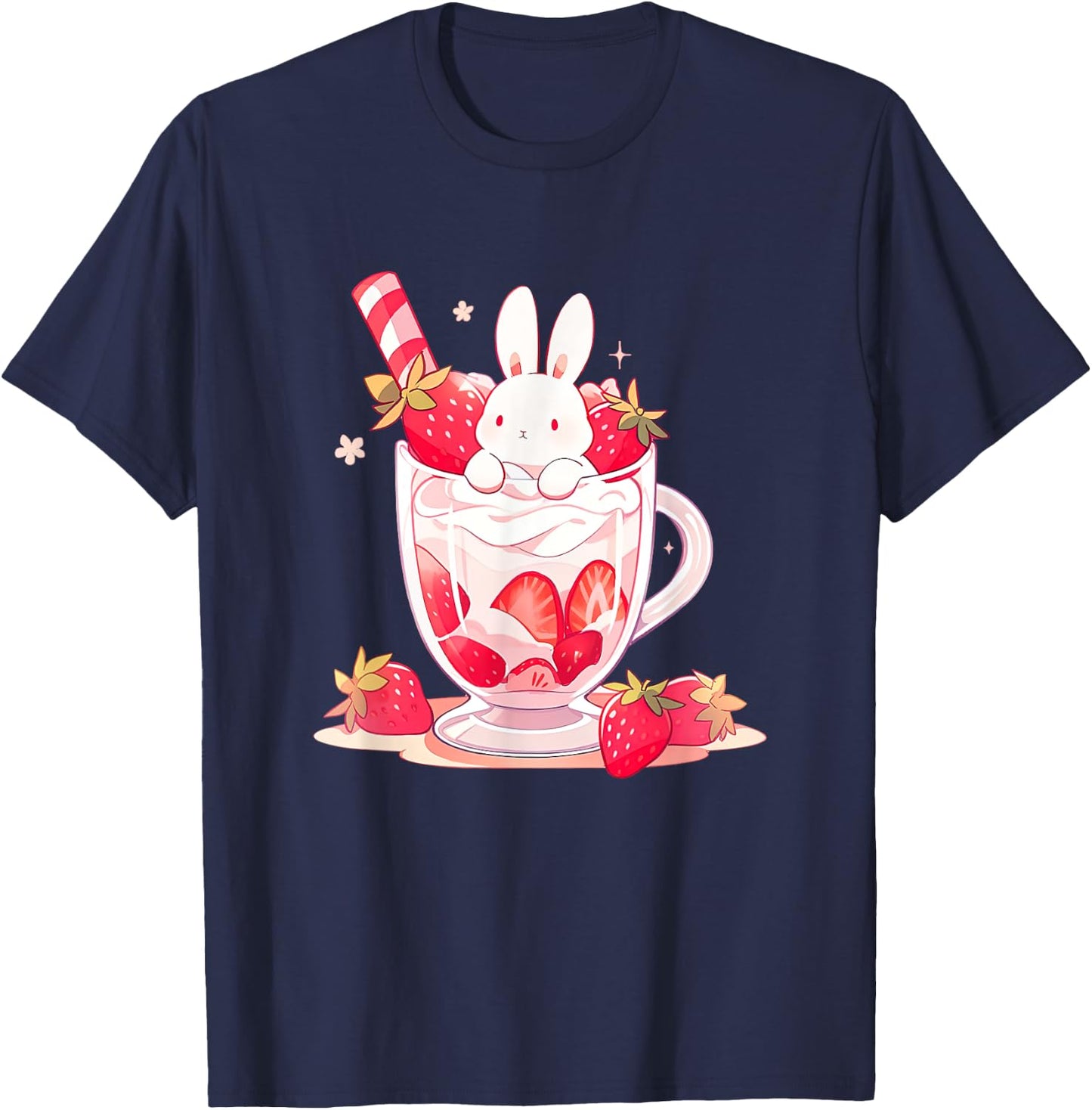 Cute Anime Bunny Rabbit Strawberry Milk Kawaii Harajuku T-Shirt - T-Shirt | Navy