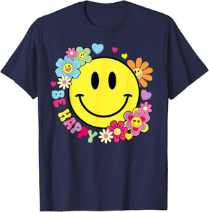 Be Happy Yellow Smile Face Hippie Smiling Face Groovy Retro T-Shirt - T-Shirt | Navy