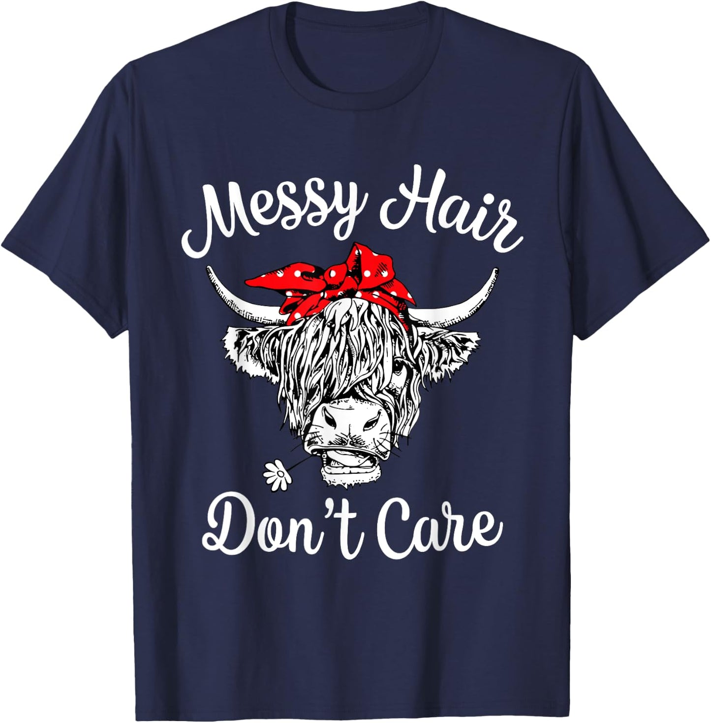 Scottish Highland Cow Leopard Bandana Messy Hair Don't Care T-Shirt - T-Shirt | Navy