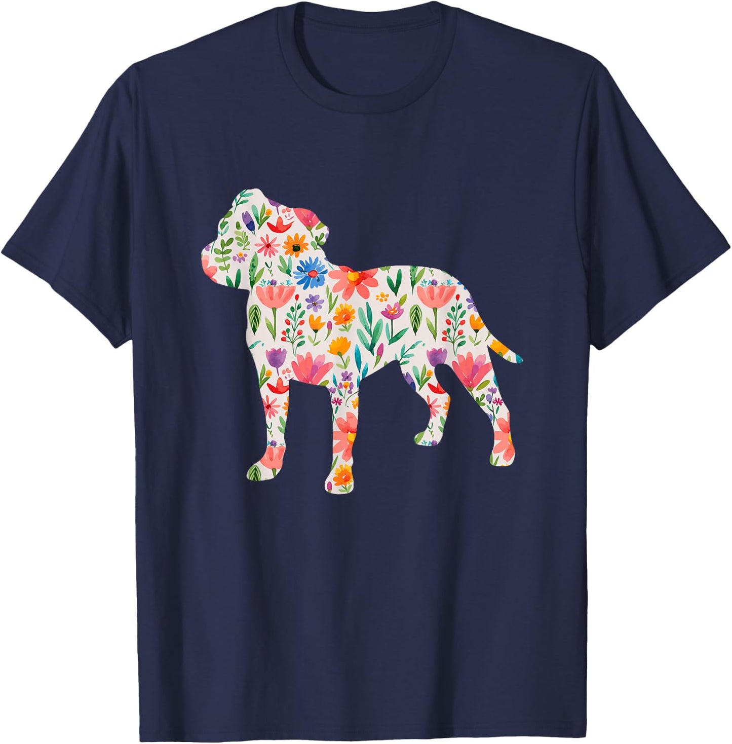 Staffordshire Bull Terrier watercolor flowers design T-Shirt - T-Shirt | Navy