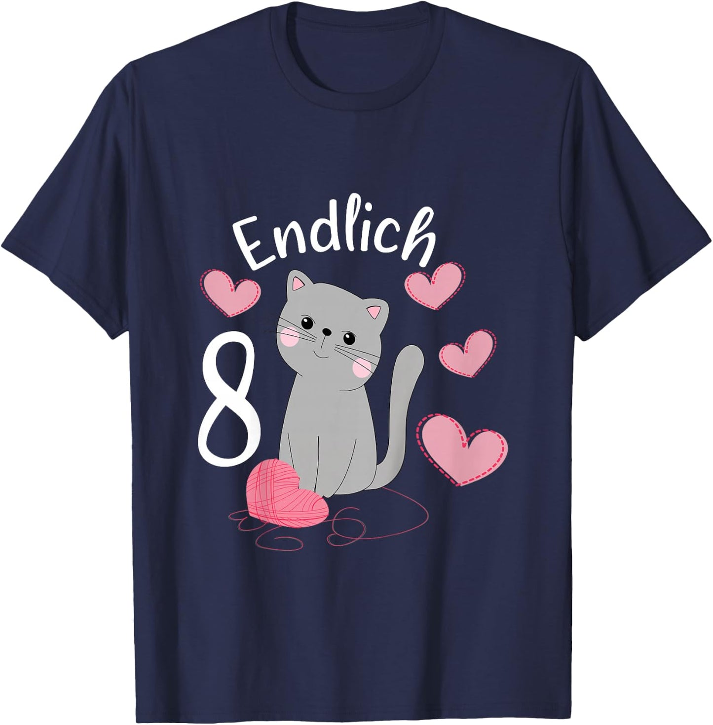 Children's Cute Cat Birthday Shirt Finally 8 Years Girls' , black T-Shirt - T-Shirt | Navy