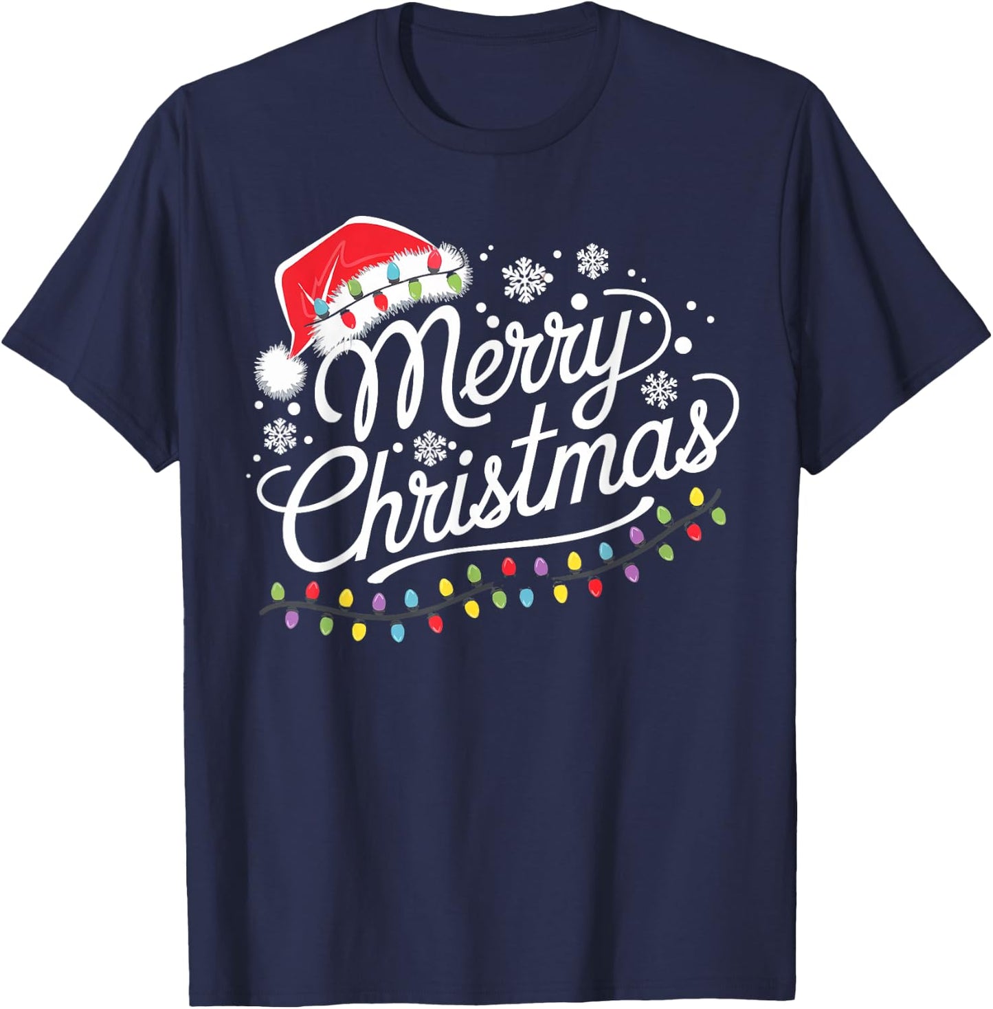 Merry Christmas Lights Red Santa Hat Xmas Family Men Women T-Shirt - T-Shirt | Navy