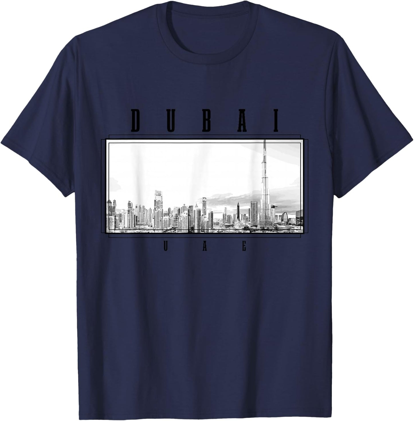 Dubai Vintage Skyline Black and White UAE Vintage Dubai T-Shirt - T-Shirt | Navy