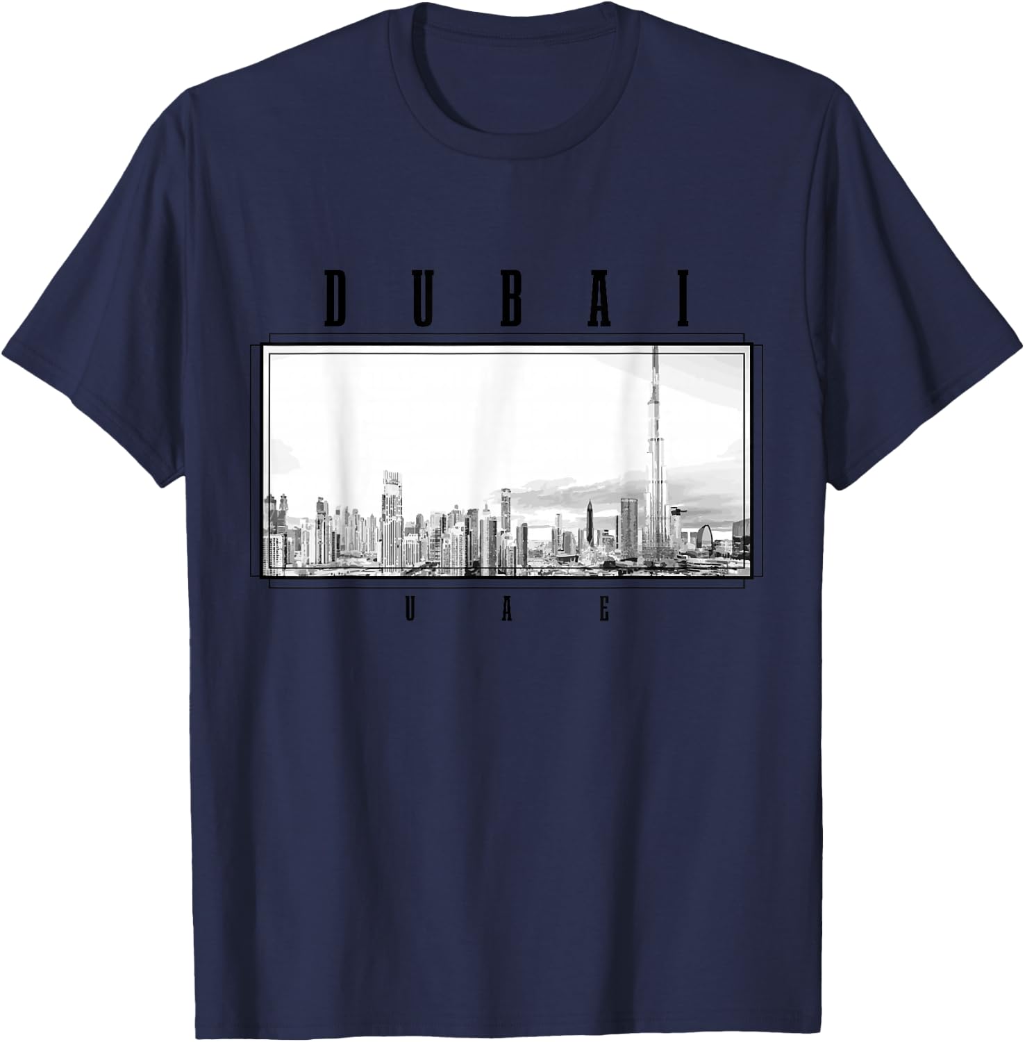Dubai Vintage Skyline Black and White UAE Vintage Dubai T-Shirt - T-Shirt | Navy