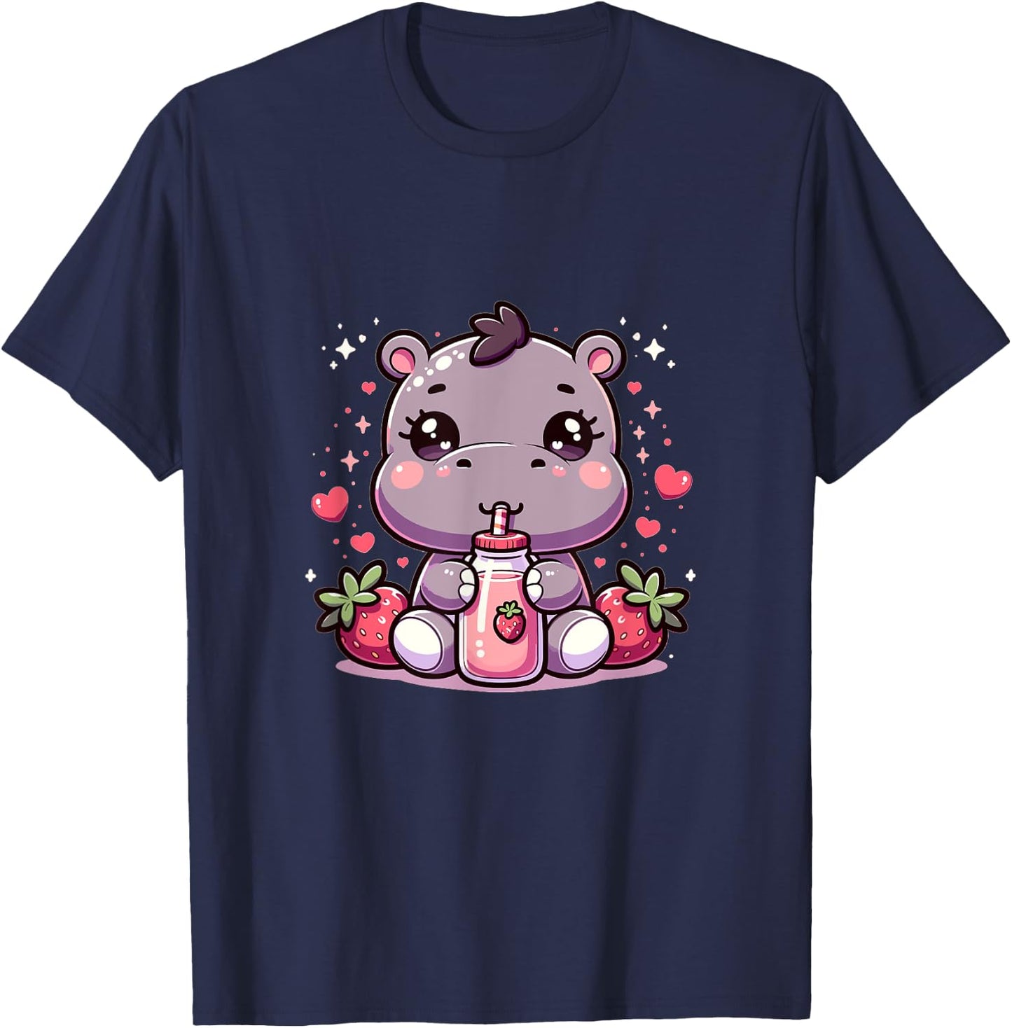 Cute Japanese Kawaii Style Hippo Drinking Strawberry Milk T-Shirt - T-Shirt | Navy