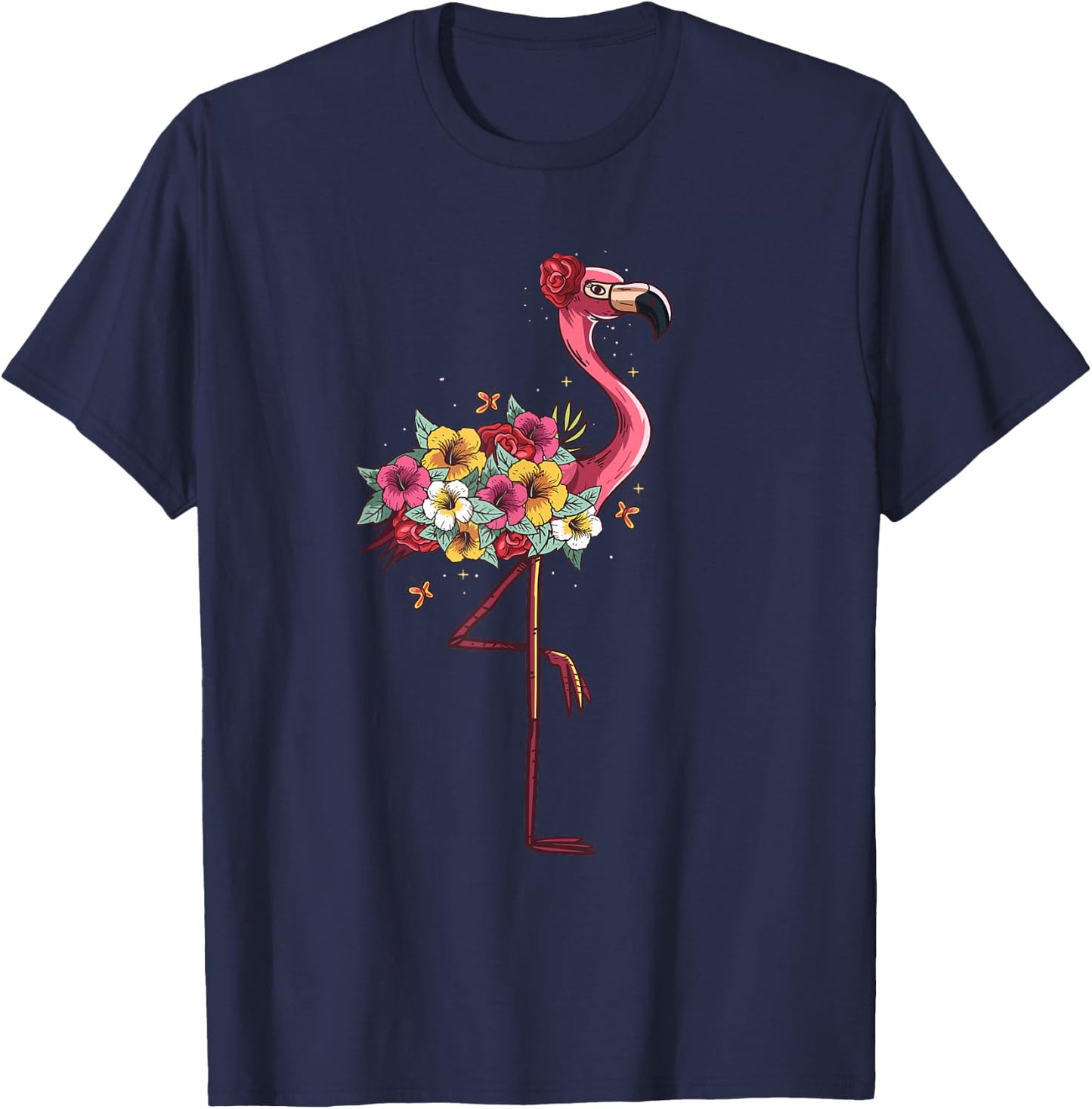 Pink Flamingo Flockers Watercolour Hawaiian Flowers Lover T-Shirt - T-Shirt | Navy