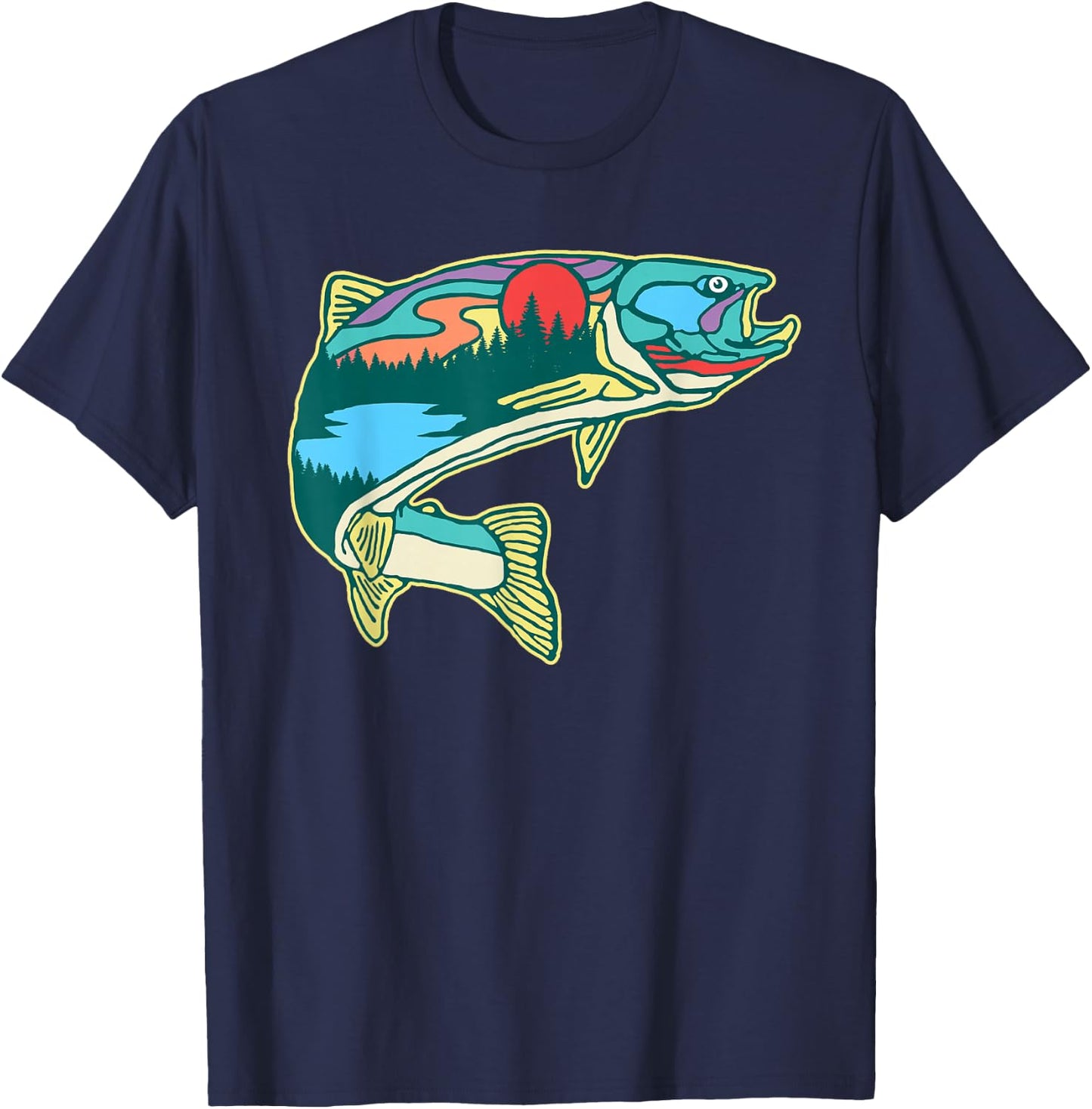 Nature Trout Illustration Vintage Fly Fishing Retro Graphic T-Shirt - T-Shirt | Navy