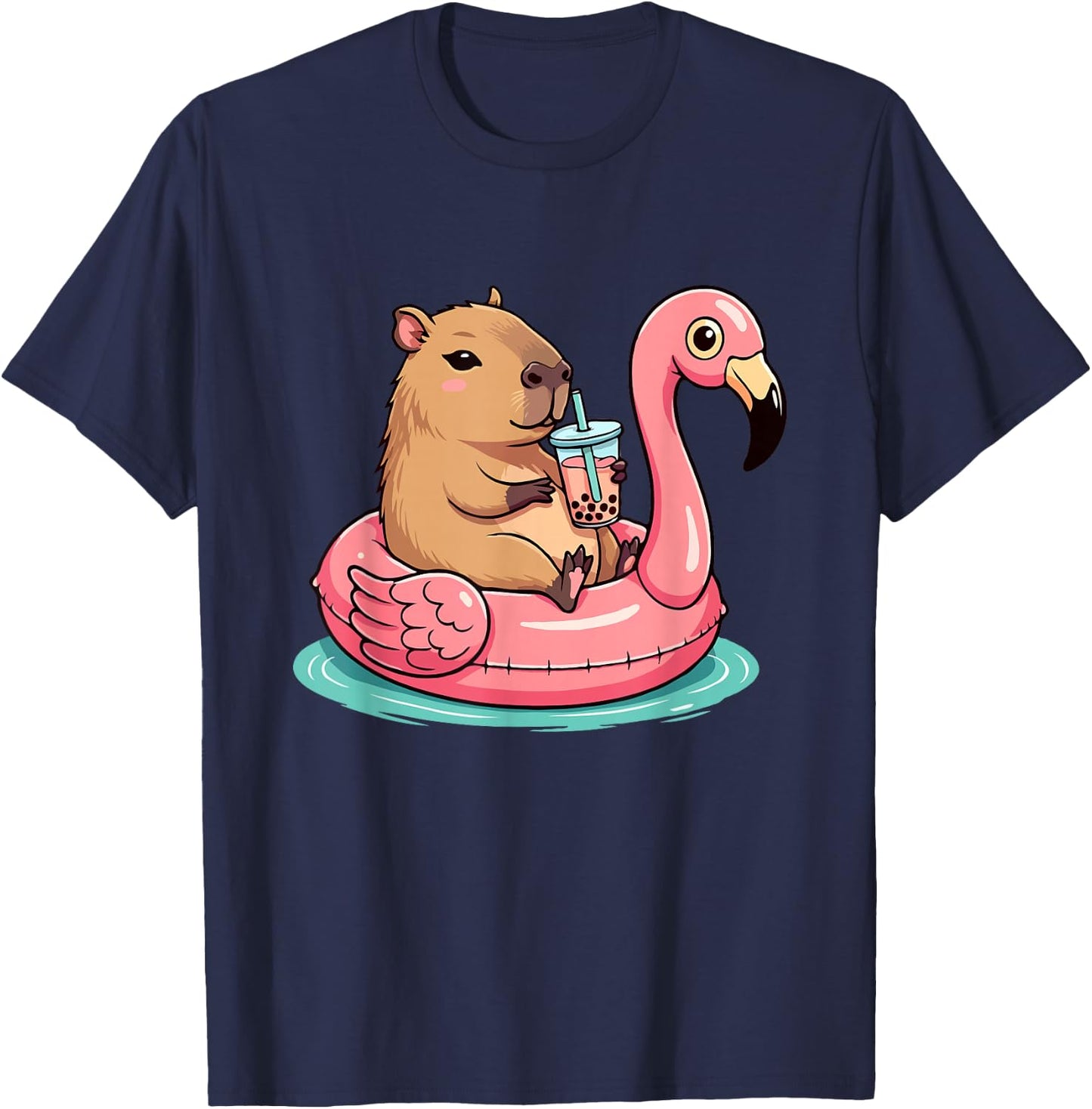 Cute Capybara On Flamingo Pool Float Drinking Bubble Tea T-Shirt - T-Shirt | Navy